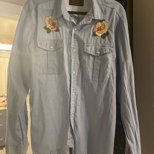 Men's Blue Shirt with Floral Embroidery
